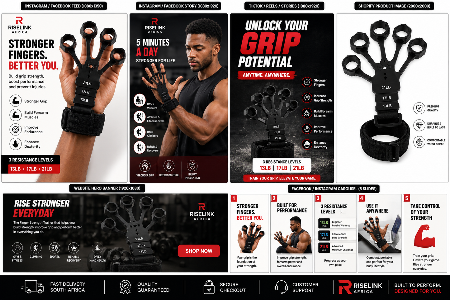 RiseLink RiseGrip Pro – 3-Level Finger Grip Strength Trainer (6KG / 8KG / 10KG) – Hand, Wrist & Forearm Exerciser
