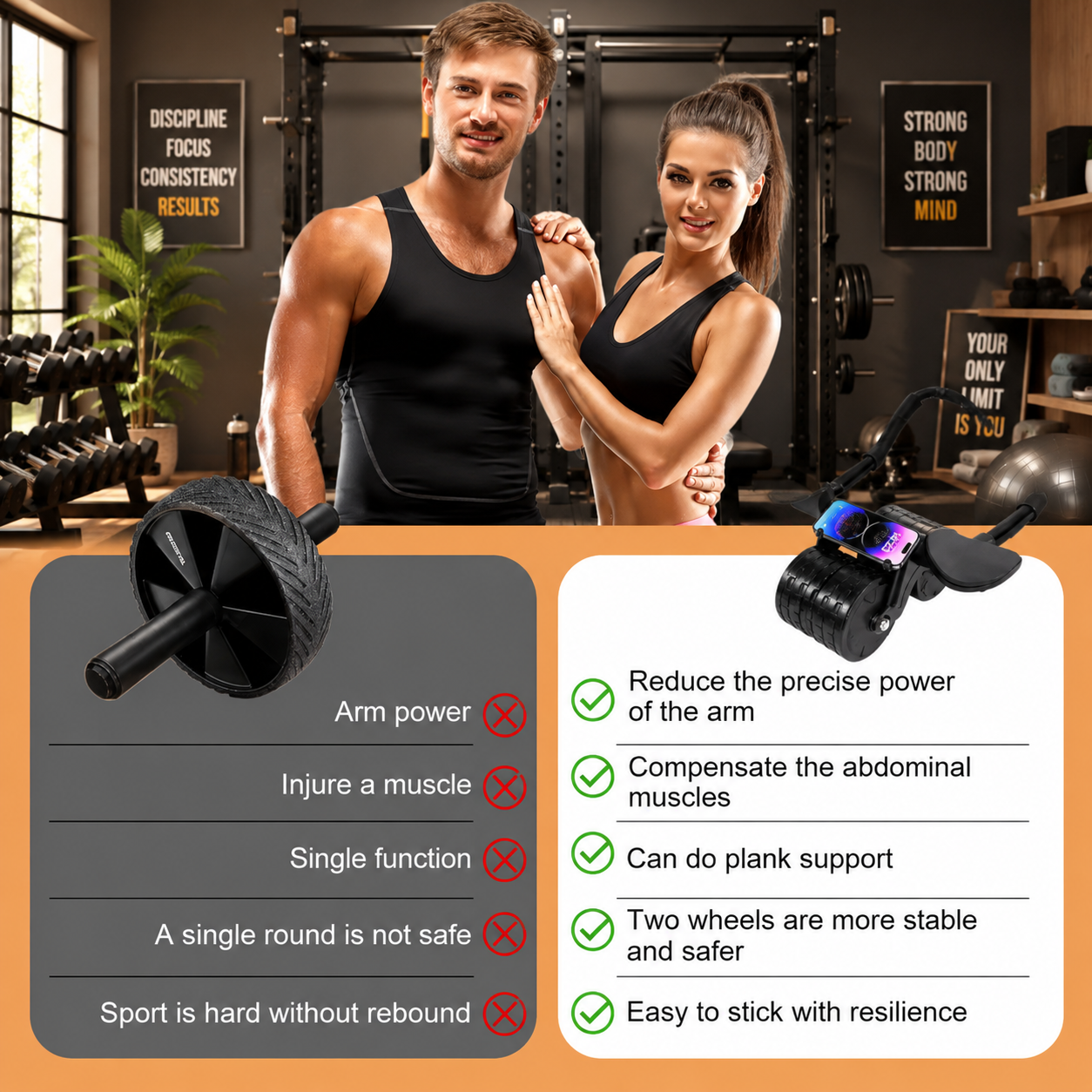 Automatic Rebound Ab Roller Wheel with Elbow Support